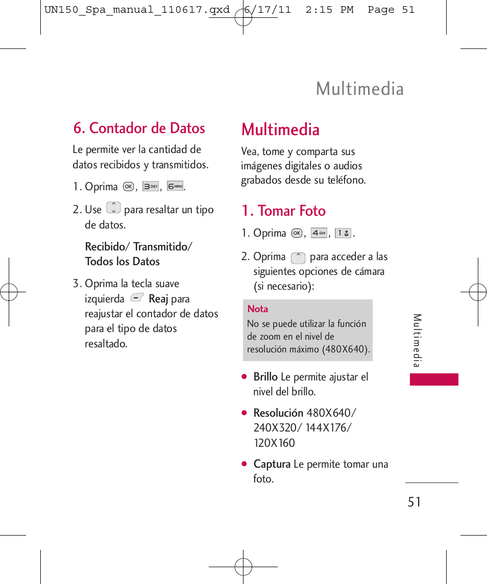 Multimedia, Contador de datos, Tomar foto | LG LGUN150 User Manual | Page 175 / 252