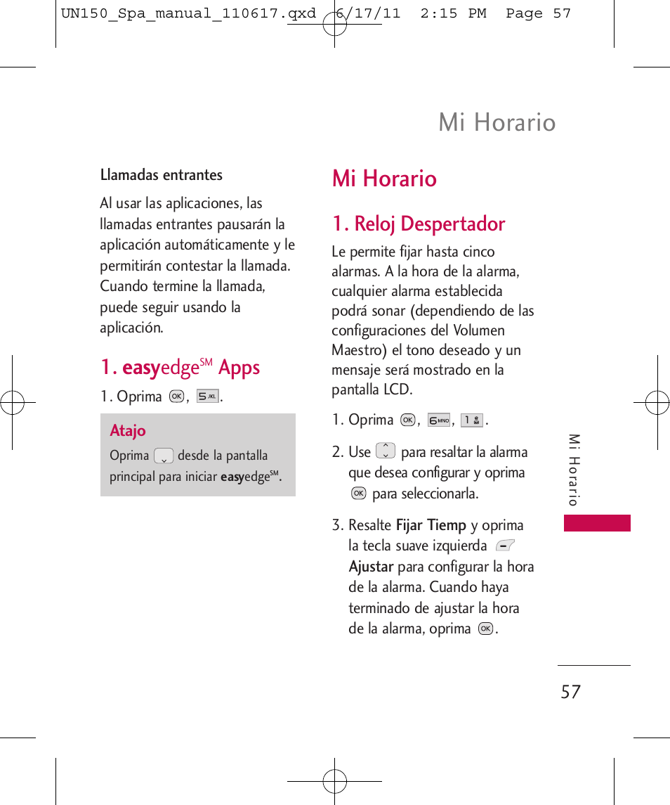 Mi horario, Easy, Edge | Apps, Reloj despertador | LG LGUN150 User Manual | Page 181 / 252