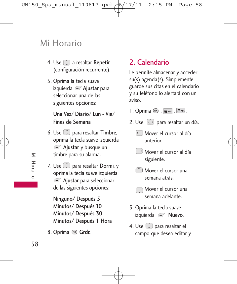 Mi horario, Calendario | LG LGUN150 User Manual | Page 182 / 252