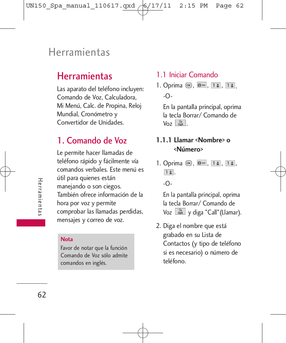 Herramientas, Comando de voz, 1 iniciar comando | LG LGUN150 User Manual | Page 186 / 252