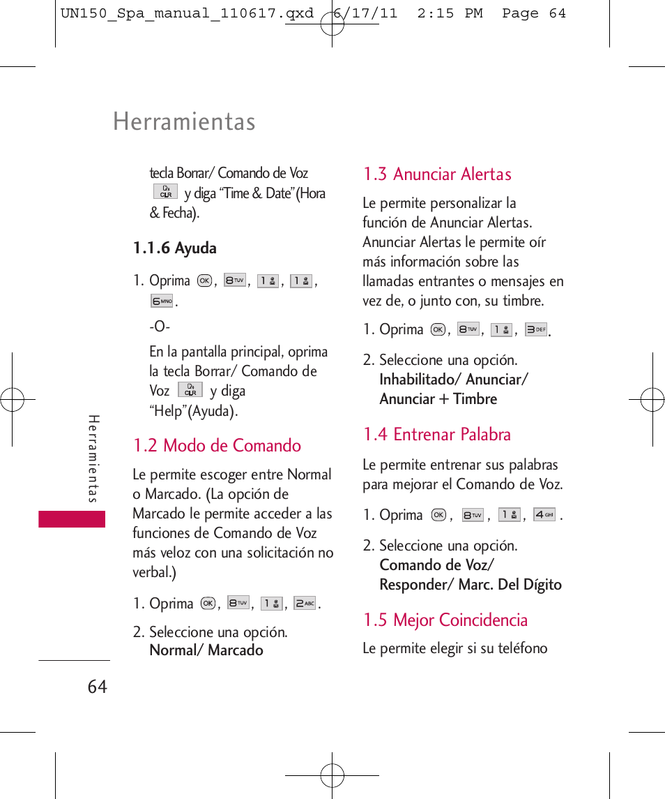 Herramientas, 2 modo de comando, 3 anunciar alertas | 4 entrenar palabra, 5 mejor coincidencia | LG LGUN150 User Manual | Page 188 / 252
