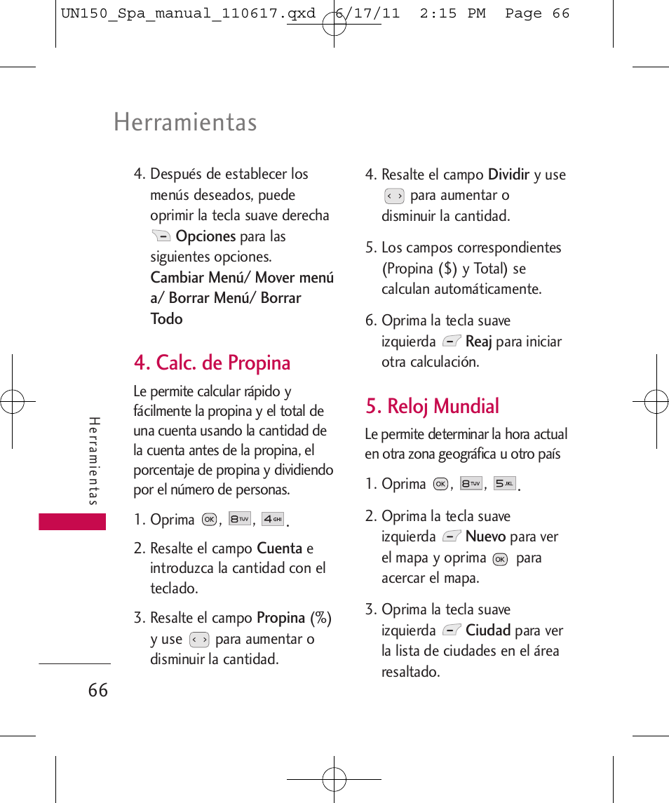 Herramientas, Calc. de propina, Reloj mundial | LG LGUN150 User Manual | Page 190 / 252