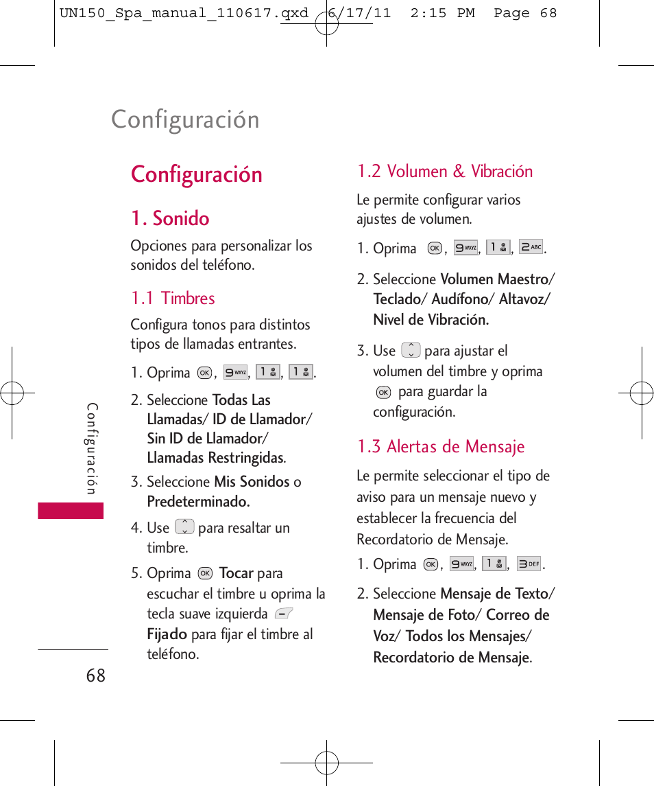 Configuración, Sonido, 1 timbres | 2 volumen & vibración, 3 alertas de mensaje | LG LGUN150 User Manual | Page 192 / 252
