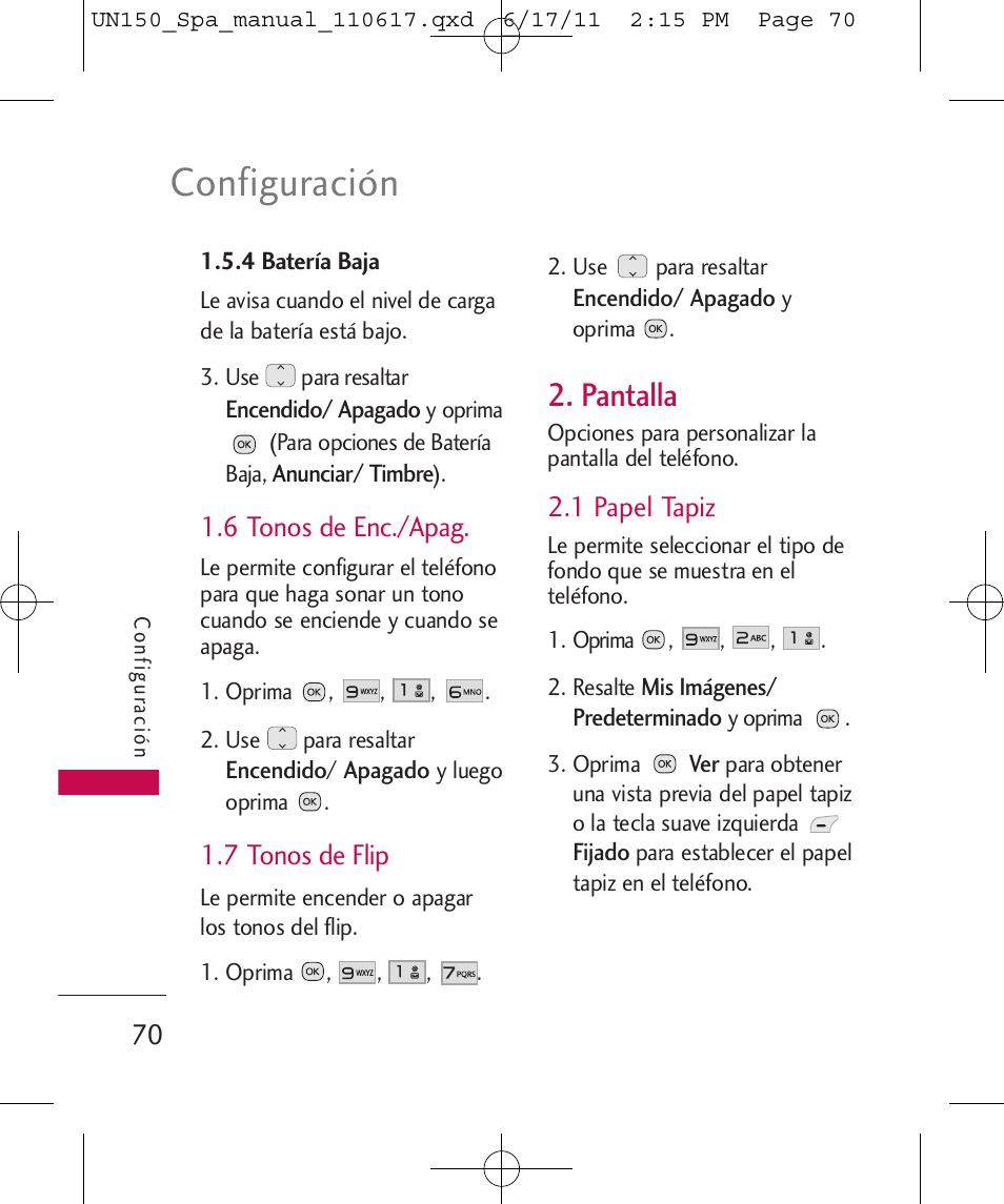 Configuración, Pantalla, 6 tonos de enc./apag | 7 tonos de flip, 1 papel tapiz | LG LGUN150 User Manual | Page 194 / 252