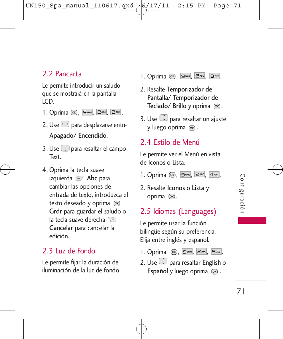 2 pancarta, 3 luz de fondo, 4 estilo de menú | 5 idiomas (languages) | LG LGUN150 User Manual | Page 195 / 252