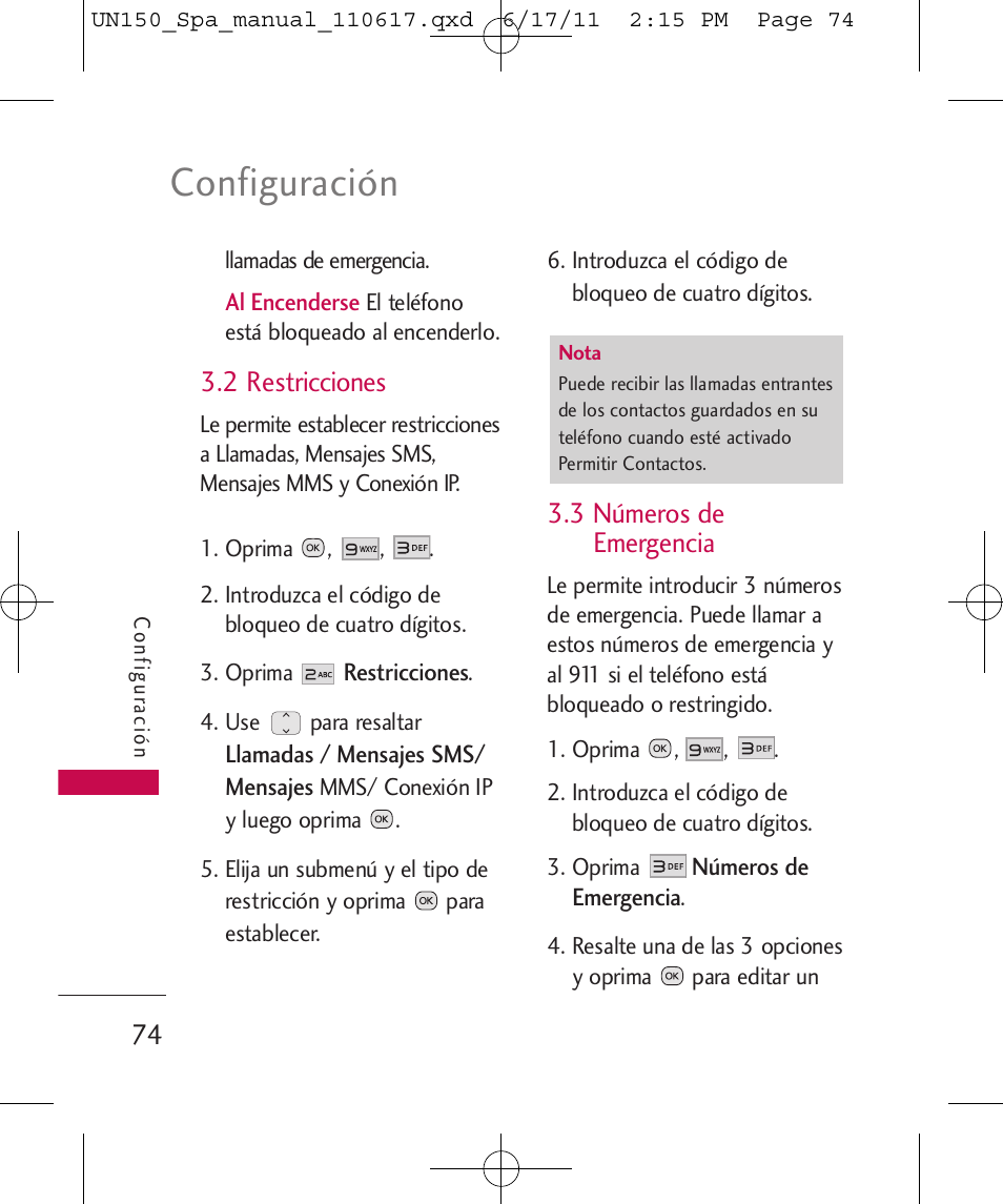 Configuración, 2 restricciones, 3 números de emergencia | LG LGUN150 User Manual | Page 198 / 252