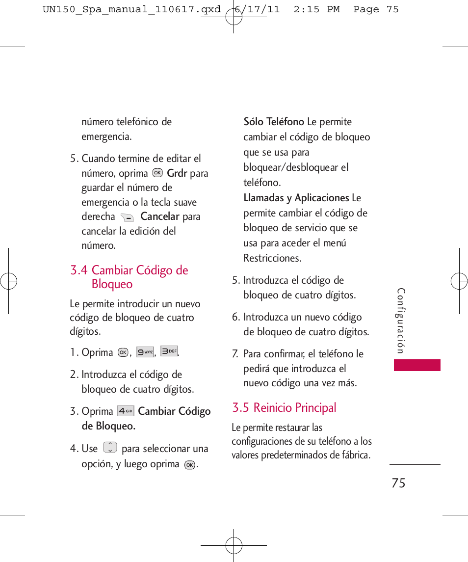 4 cambiar código de bloqueo, 5 reinicio principal | LG LGUN150 User Manual | Page 199 / 252