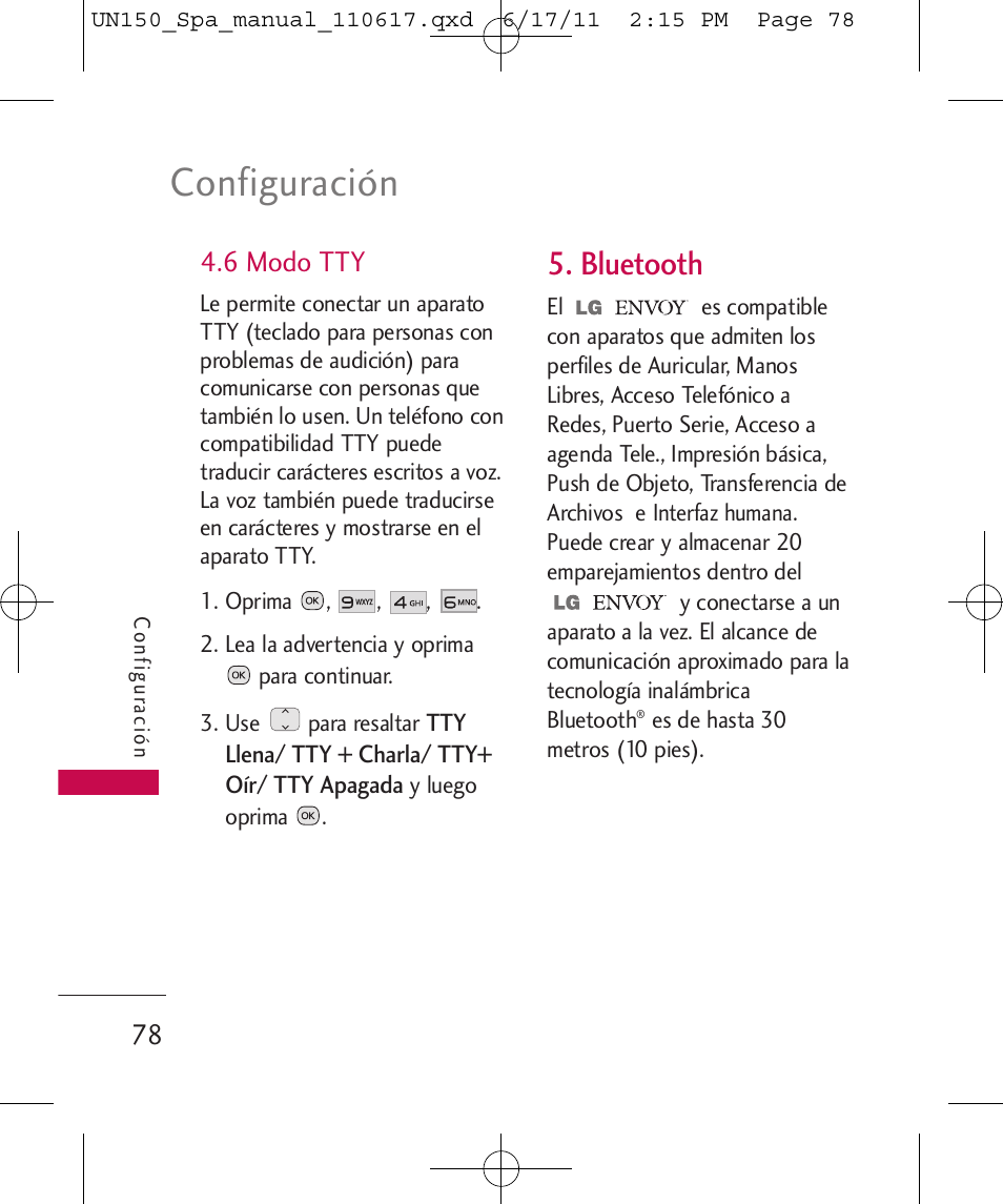 Configuración, Bluetooth, 6 modo tty | LG LGUN150 User Manual | Page 202 / 252