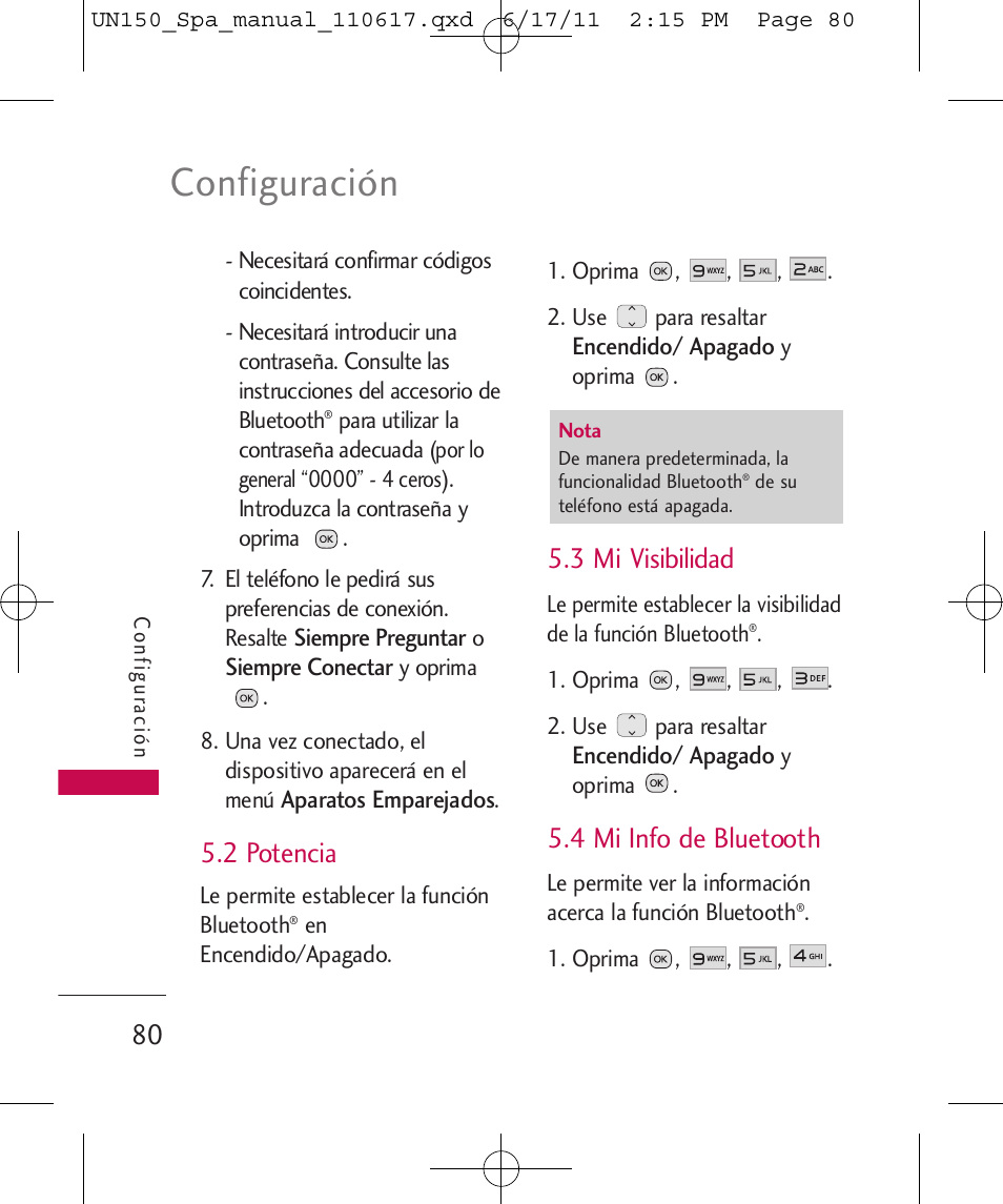 Configuración, 2 potencia, 3 mi visibilidad | 4 mi info de bluetooth | LG LGUN150 User Manual | Page 204 / 252