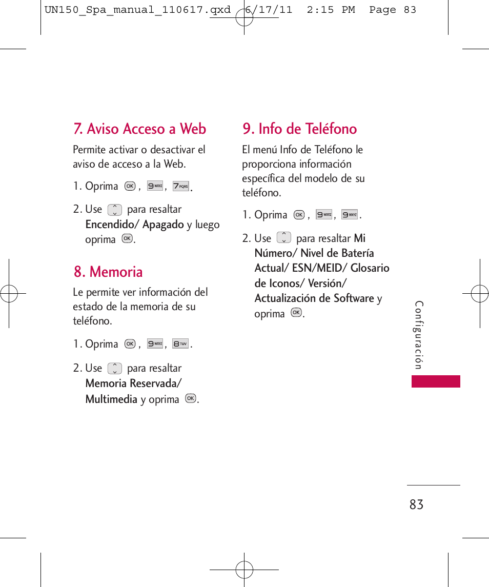 Aviso acceso a web, Info de teléfono | LG LGUN150 User Manual | Page 207 / 252