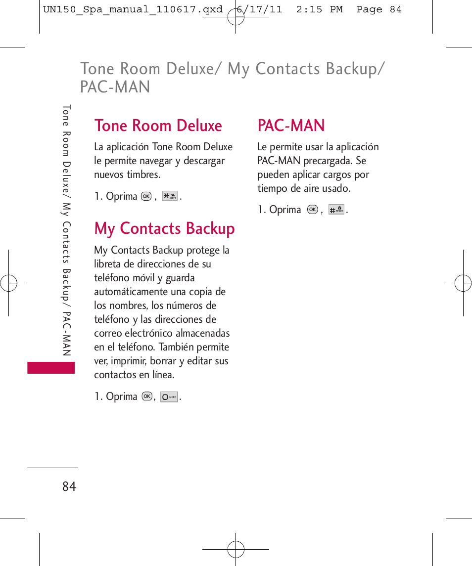 Tone room deluxe/ my contacts backup/ pac-man, Tone room deluxe, My contacts backup | Pac-man | LG LGUN150 User Manual | Page 208 / 252