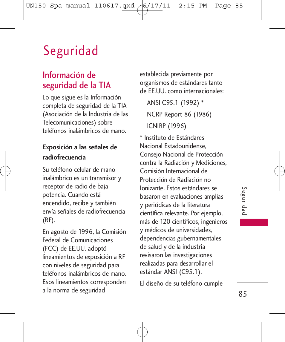 Seguridad, Información de seguridad de la tia | LG LGUN150 User Manual | Page 209 / 252