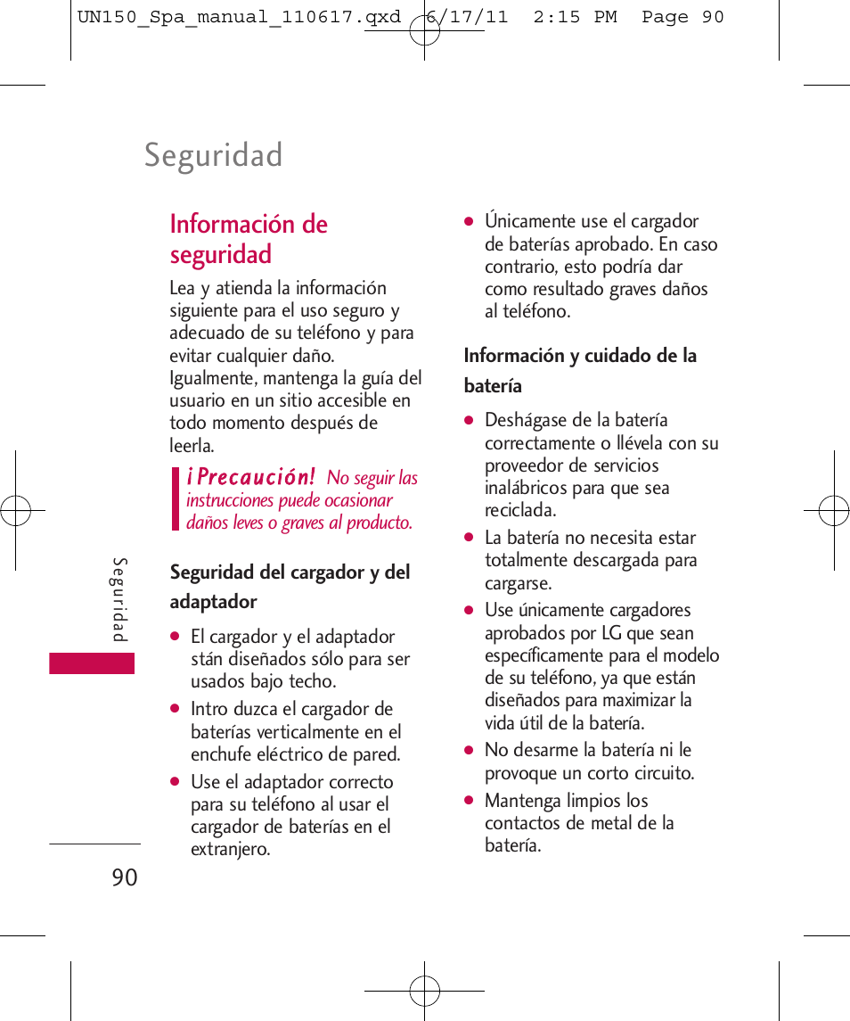 Seguridad, Información de seguridad, Pprreeccaauucciióónn | LG LGUN150 User Manual | Page 214 / 252