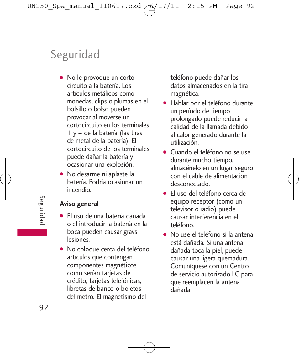 Seguridad | LG LGUN150 User Manual | Page 216 / 252