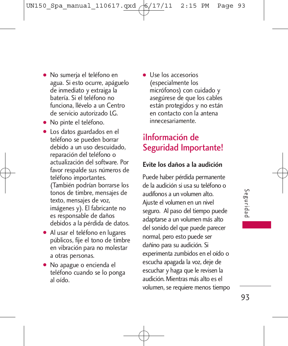 Información de seguridad importante | LG LGUN150 User Manual | Page 217 / 252