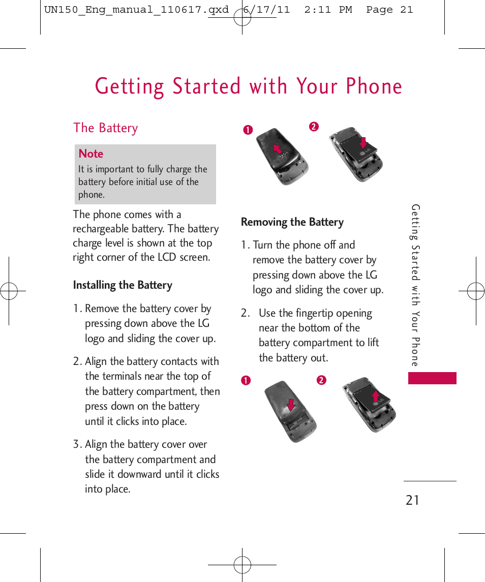 Getting started with your phone, The battery | LG LGUN150 User Manual | Page 23 / 252