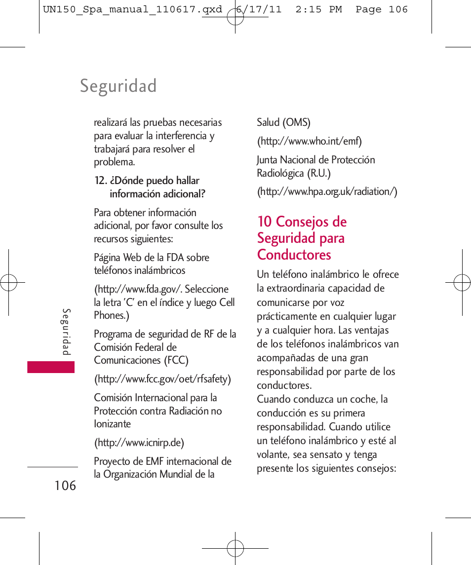 Seguridad, 10 consejos de seguridad para conductores | LG LGUN150 User Manual | Page 230 / 252