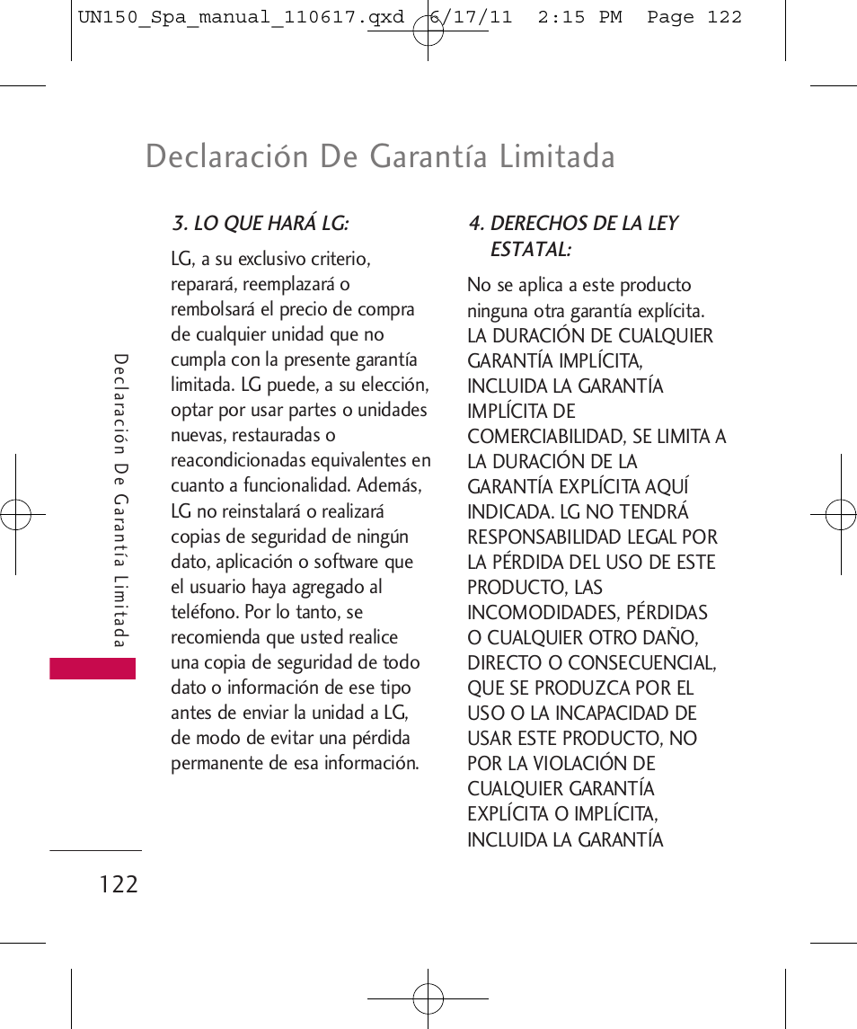 Declaración de garantía limitada | LG LGUN150 User Manual | Page 246 / 252