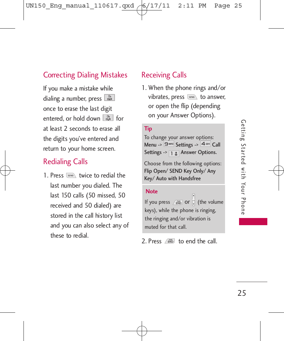 Correcting dialing mistakes, Redialing calls, Receiving calls | LG LGUN150 User Manual | Page 27 / 252