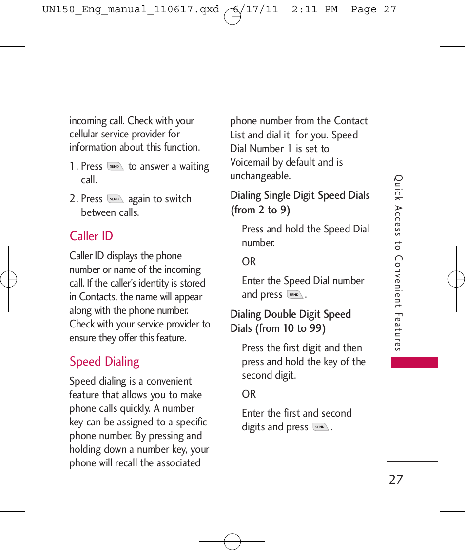 Caller id, Speed dialing | LG LGUN150 User Manual | Page 29 / 252