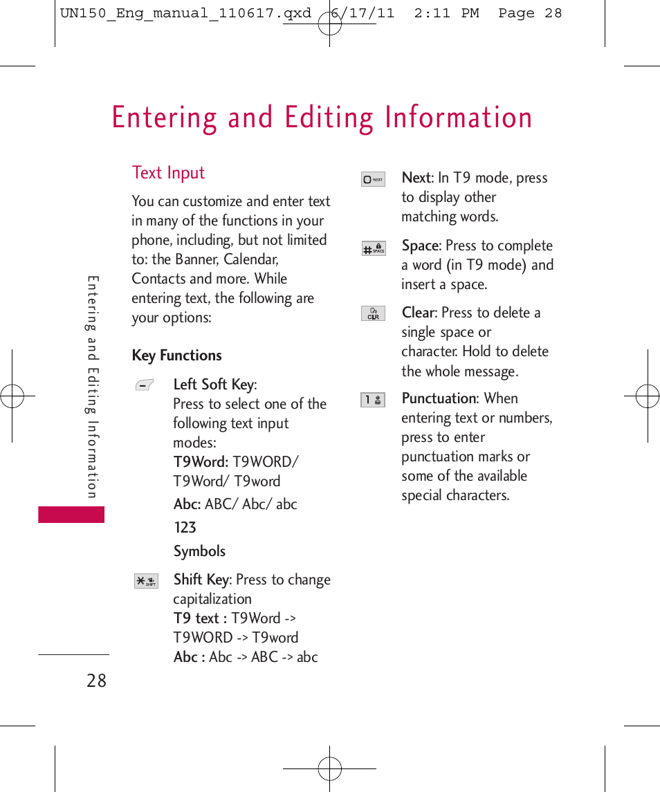 Entering and editing information | LG LGUN150 User Manual | Page 30 / 252