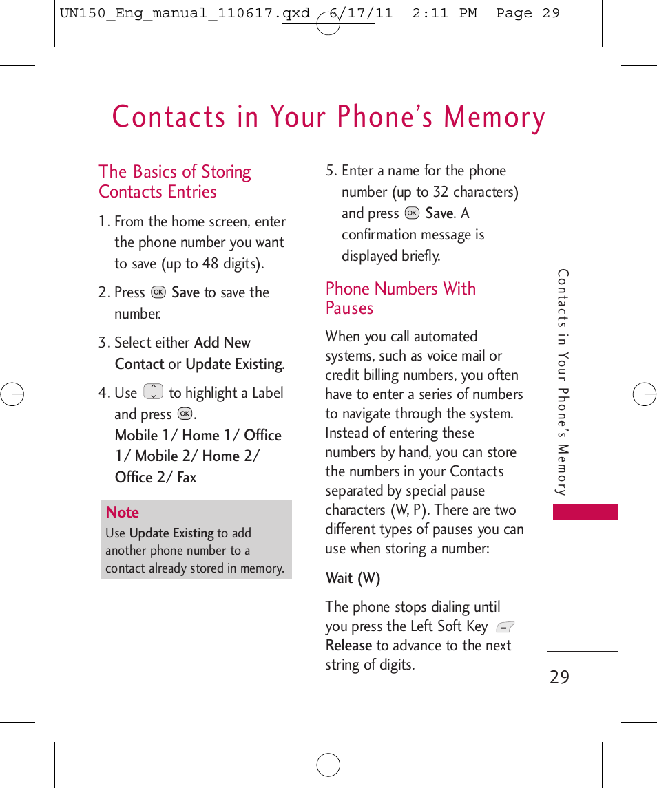 The basics of storing contacts entries, Phone numbers with pauses | LG LGUN150 User Manual | Page 31 / 252