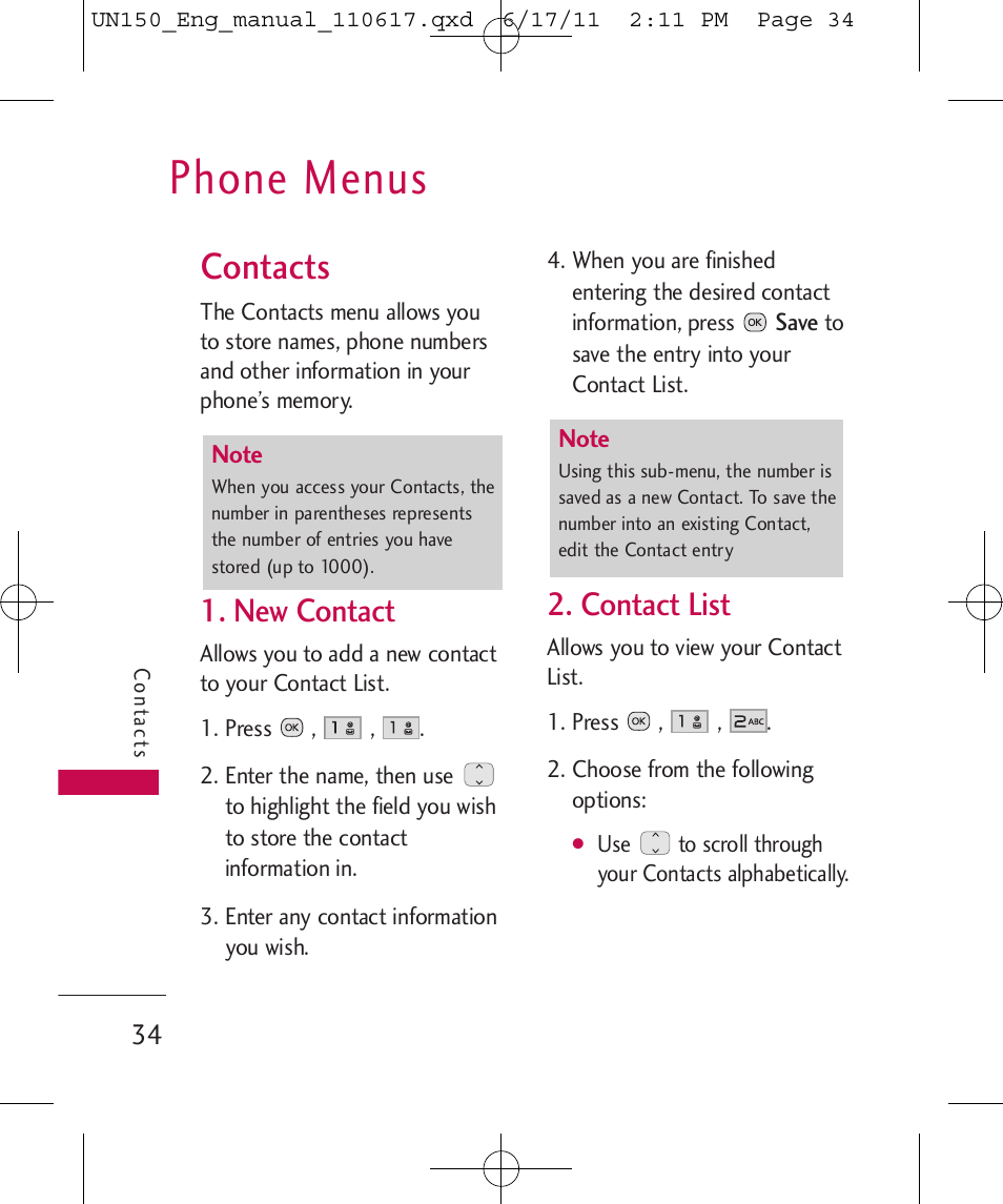 Phone menus, Contacts, New contact | Contact list | LG LGUN150 User Manual | Page 36 / 252