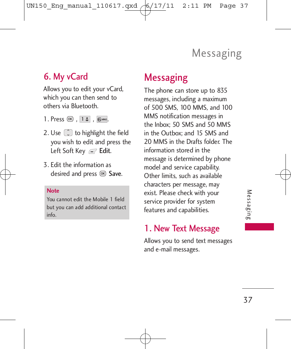 Messaging, My vcard, New text message | LG LGUN150 User Manual | Page 39 / 252