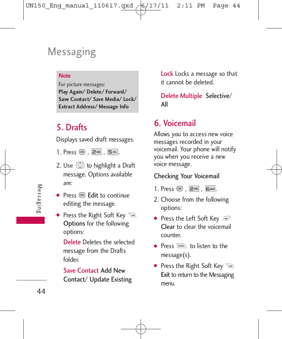 Messaging, Drafts, Voicemail | LG LGUN150 User Manual | Page 46 / 252