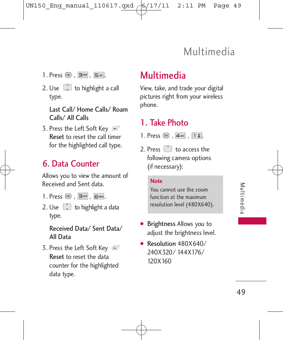 Multimedia, Data counter, Take photo | LG LGUN150 User Manual | Page 51 / 252