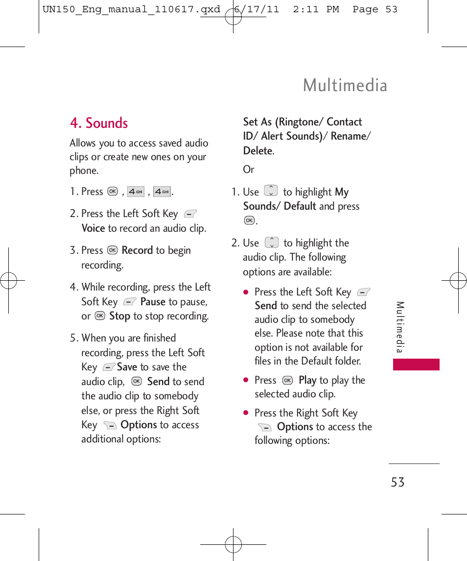 Multimedia, Sounds | LG LGUN150 User Manual | Page 55 / 252
