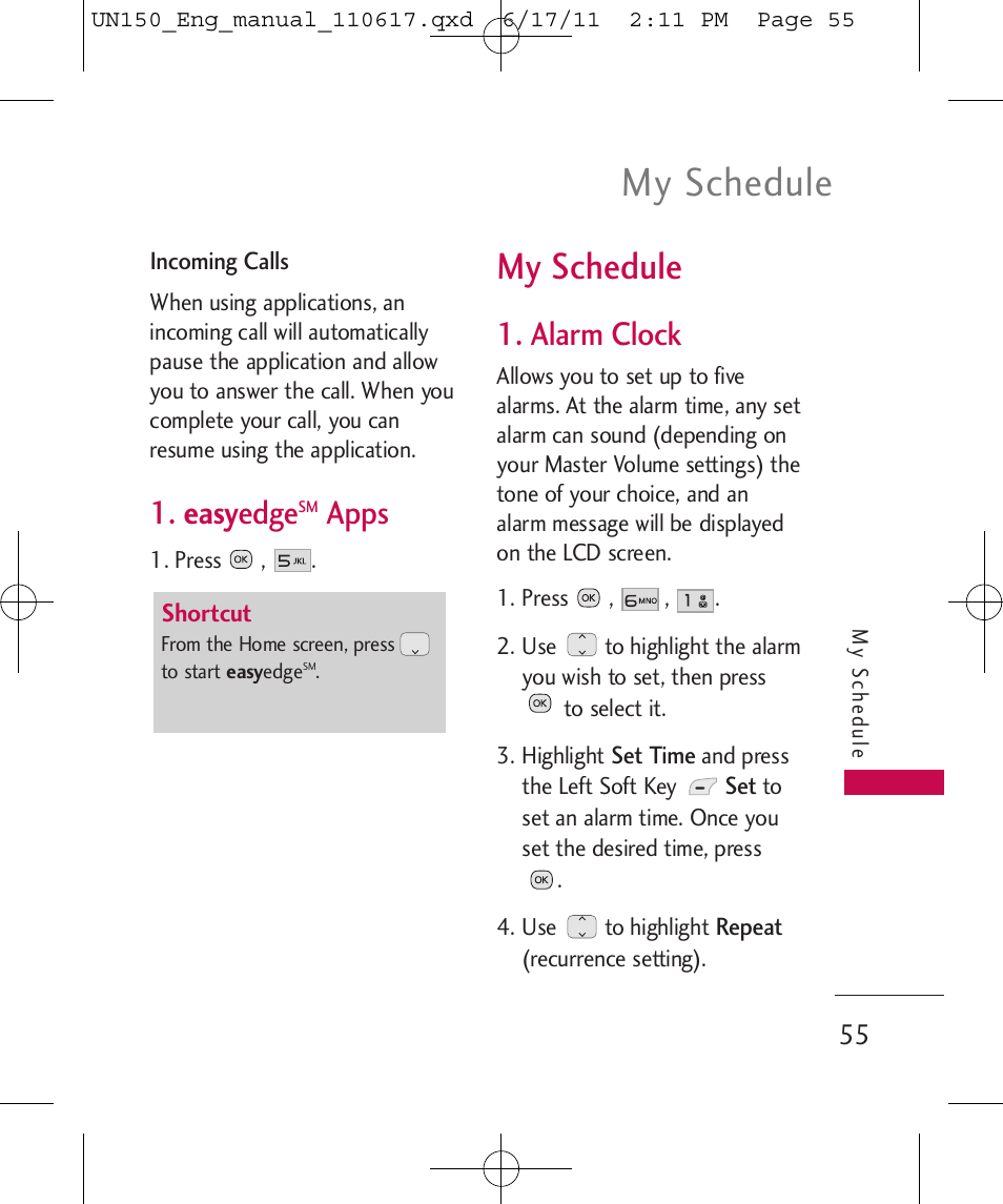My schedule, Easy edge, Apps | Alarm clock | LG LGUN150 User Manual | Page 57 / 252
