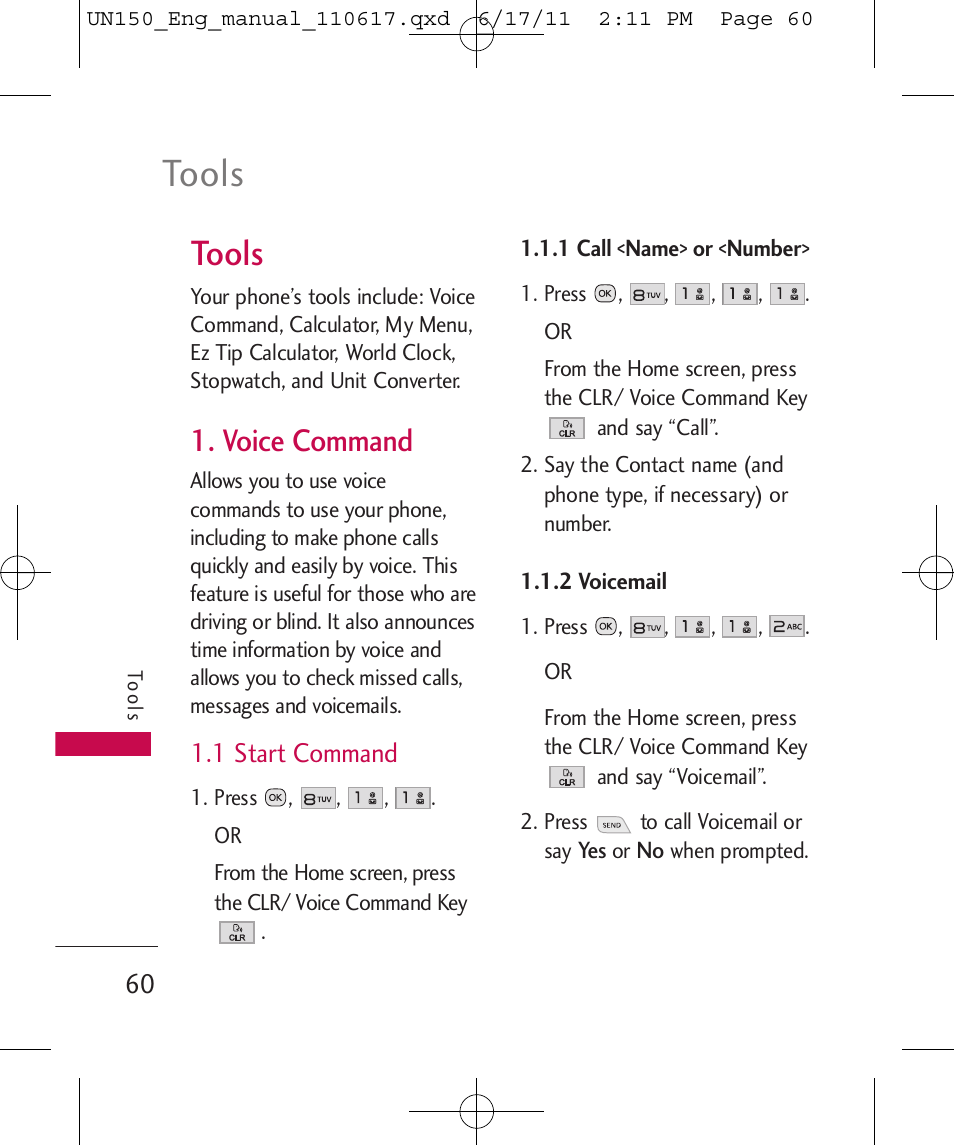Tools, Voice command, 1 start command | LG LGUN150 User Manual | Page 62 / 252