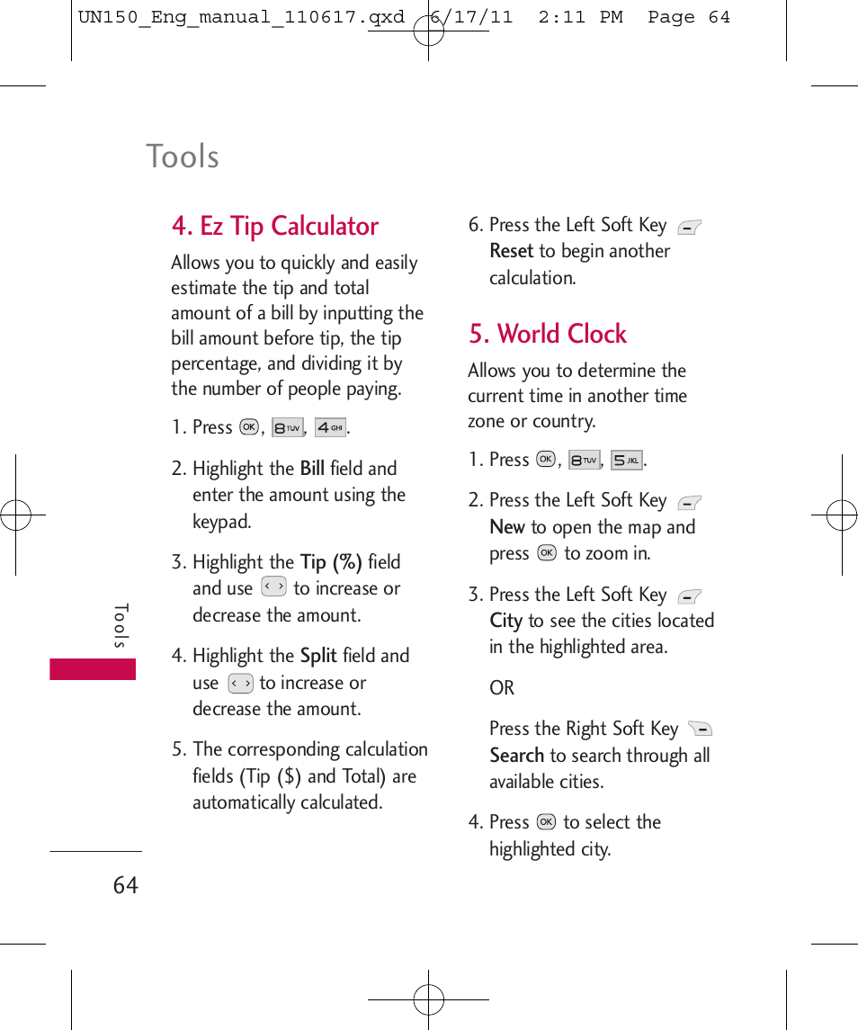 Tools, Ez tip calculator, World clock | LG LGUN150 User Manual | Page 66 / 252