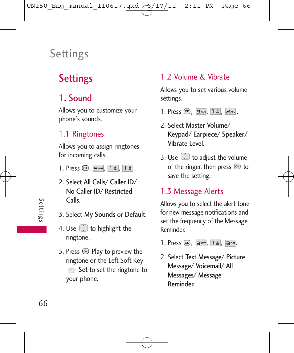 Settings, Sound, 1 ringtones | 2 volume & vibrate, 3 message alerts | LG LGUN150 User Manual | Page 68 / 252