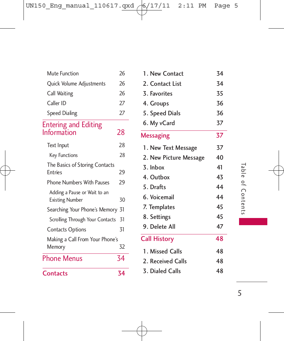 Entering and editing information 28, Phone menus 34 | LG LGUN150 User Manual | Page 7 / 252