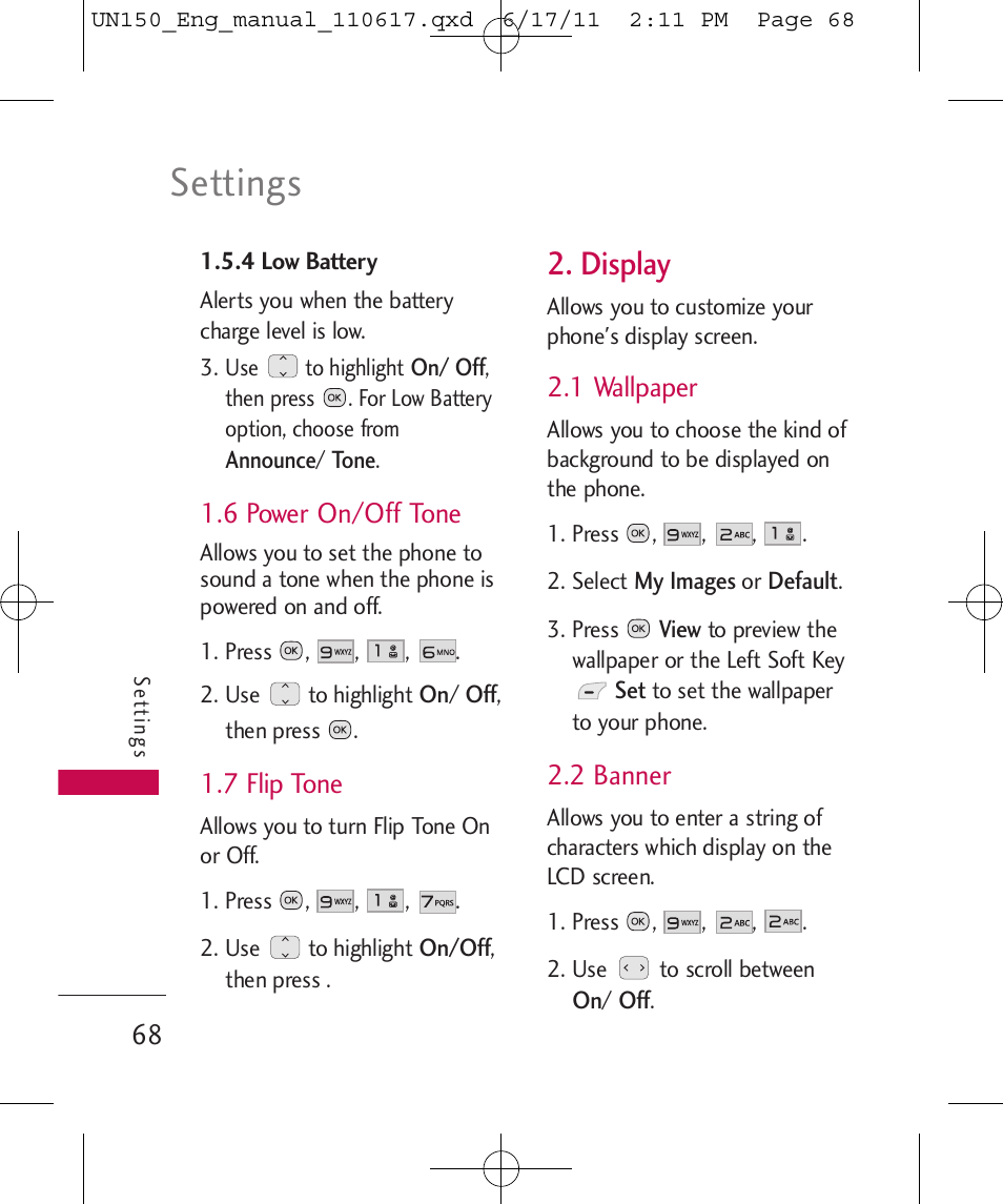 Settings, Display, 6 power on/off tone | 7 flip tone, 1 wallpaper, 2 banner | LG LGUN150 User Manual | Page 70 / 252