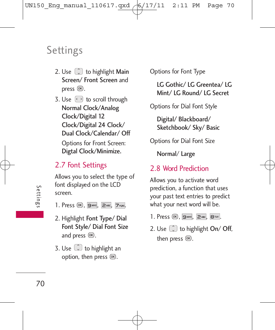 Settings, 7 font settings, 8 word prediction | LG LGUN150 User Manual | Page 72 / 252