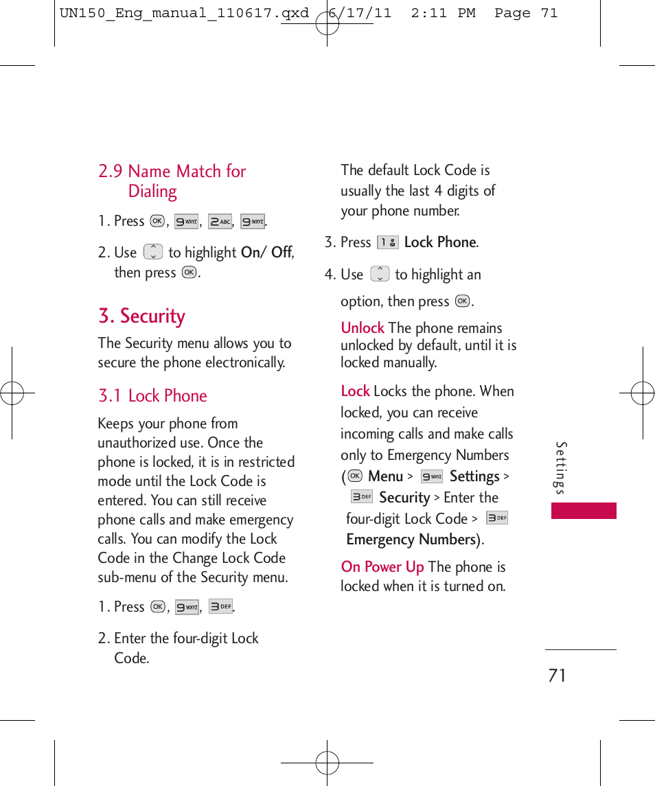 Security, 9 name match for dialing, 1 lock phone | LG LGUN150 User Manual | Page 73 / 252