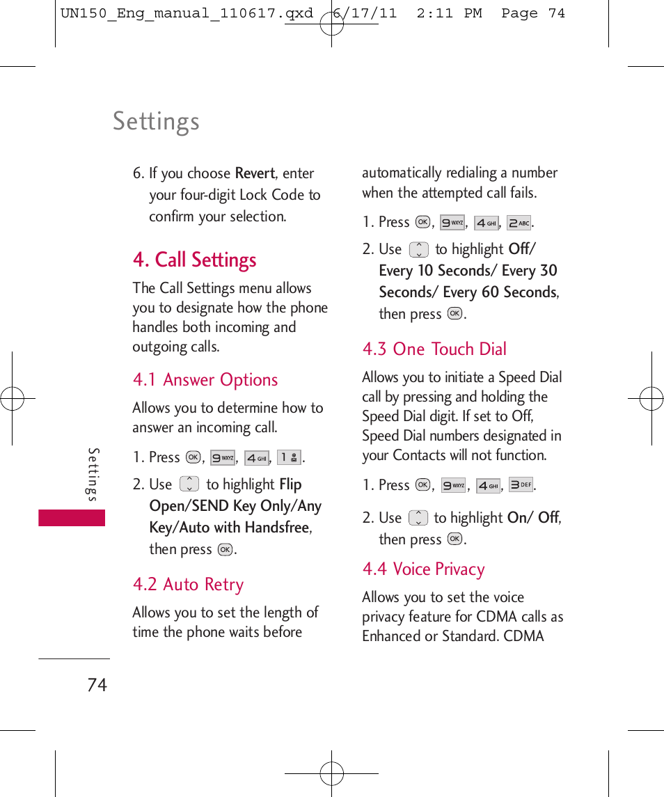 Settings, Call settings, 1 answer options | 2 auto retry, 3 one touch dial, 4 voice privacy | LG LGUN150 User Manual | Page 76 / 252