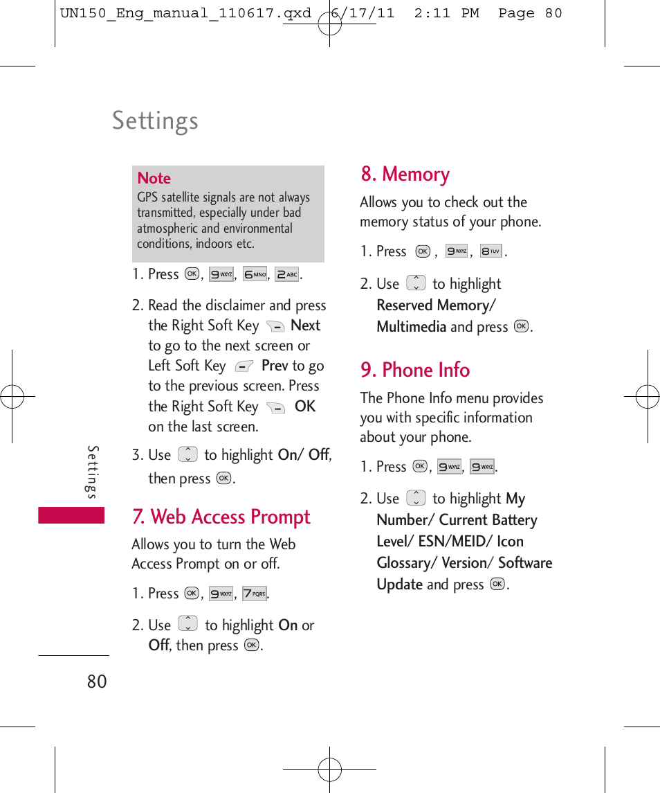 Settings, Web access prompt, Phone info | LG LGUN150 User Manual | Page 82 / 252