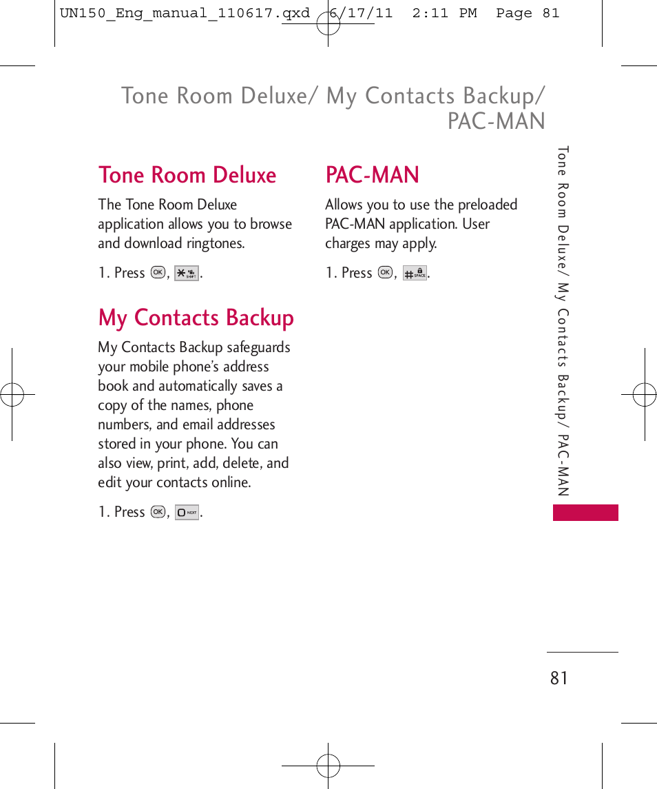 Tone room deluxe/ my contacts backup/ pac-man, Tone room deluxe, My contacts backup | Pac-man | LG LGUN150 User Manual | Page 83 / 252