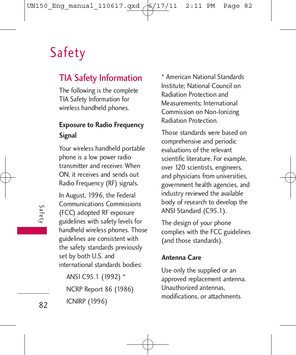 Safety, Tia safety information | LG LGUN150 User Manual | Page 84 / 252