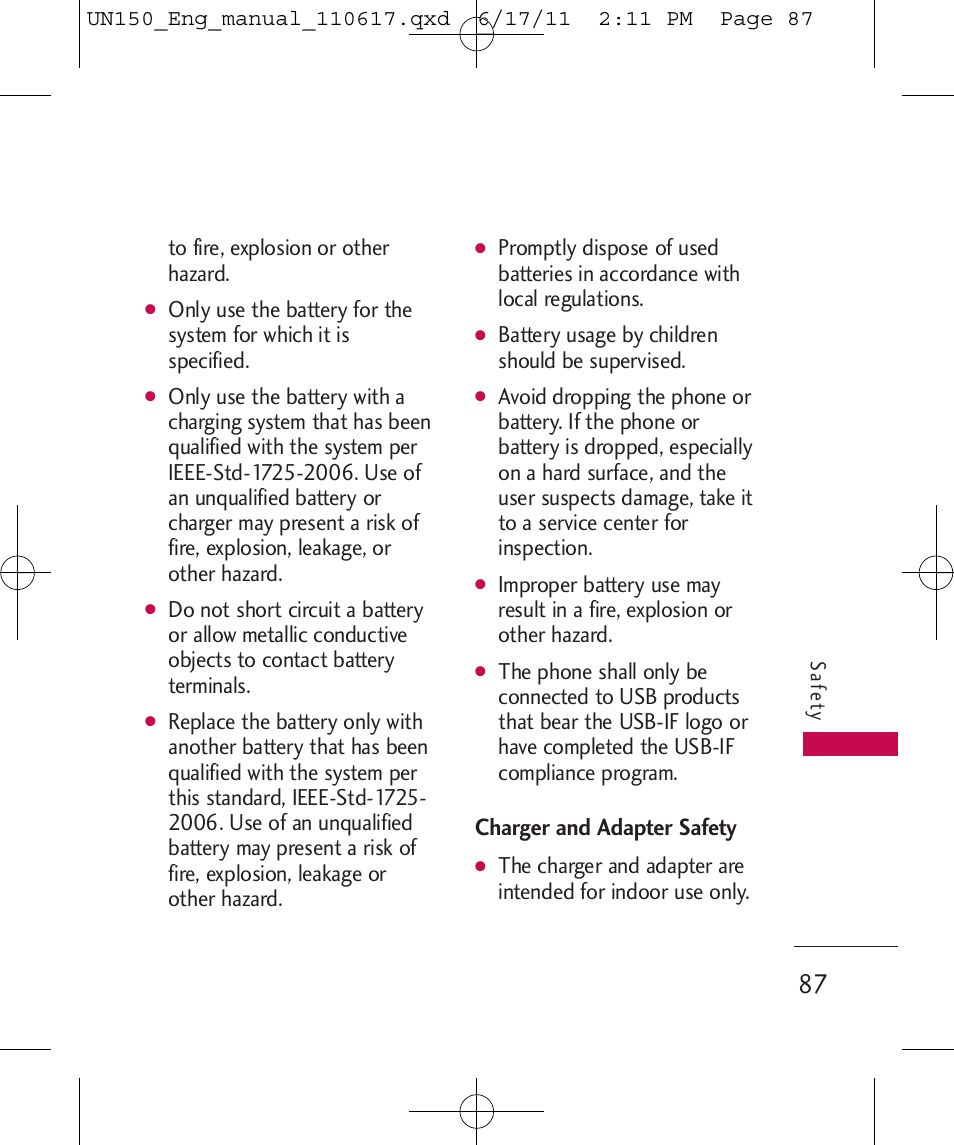 Charger and adapter safety | LG LGUN150 User Manual | Page 89 / 252