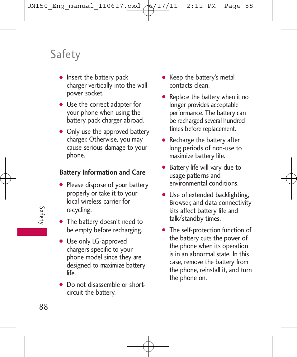 Safety, Battery information and care | LG LGUN150 User Manual | Page 90 / 252