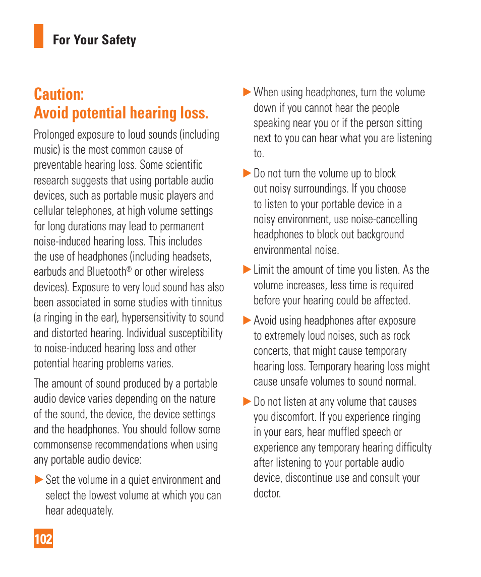 Caution: avoid potential hearing loss | LG C410 User Manual | Page 102 / 124