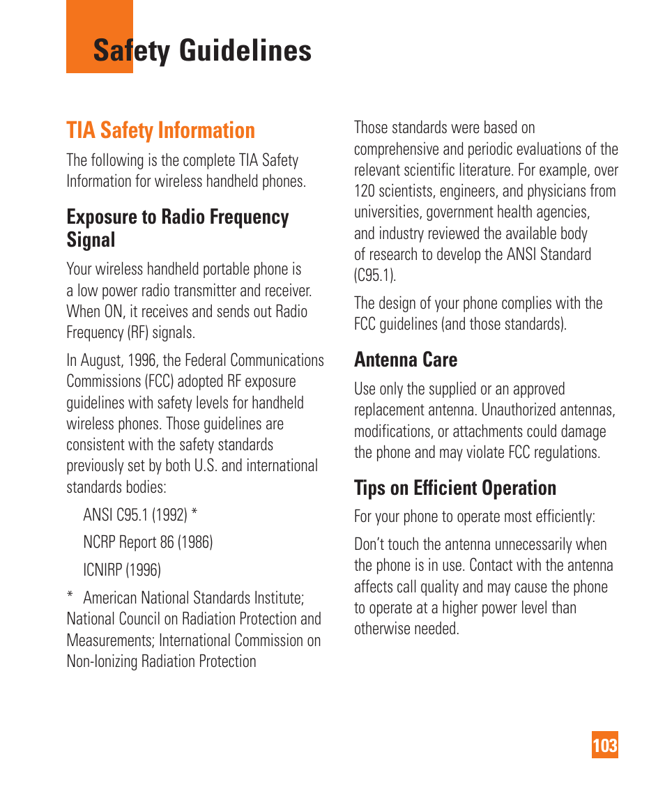 Safety guidelines, Tia safety information | LG C410 User Manual | Page 103 / 124