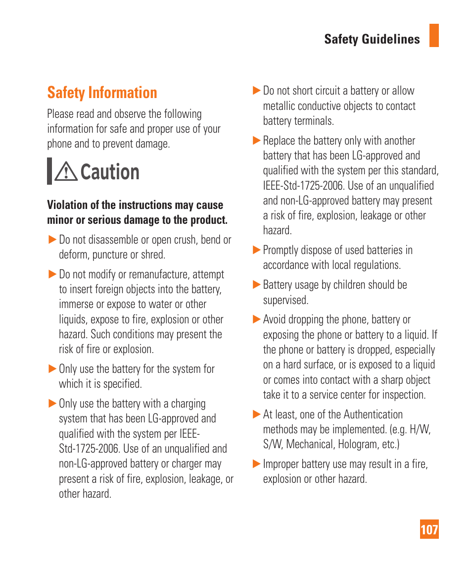Caution, Safety information | LG C410 User Manual | Page 107 / 124