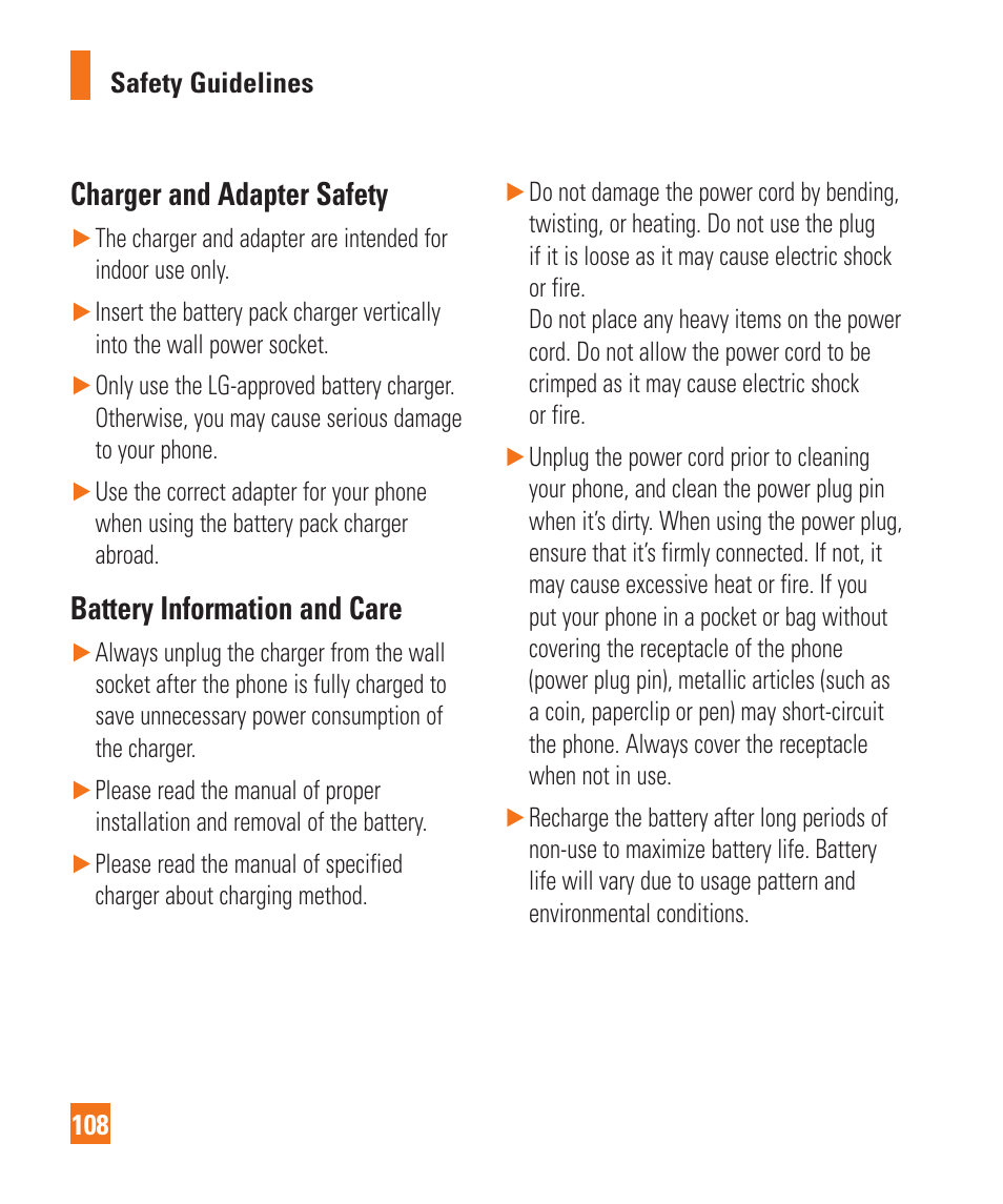 Charger and adapter safety, Battery information and care | LG C410 User Manual | Page 108 / 124