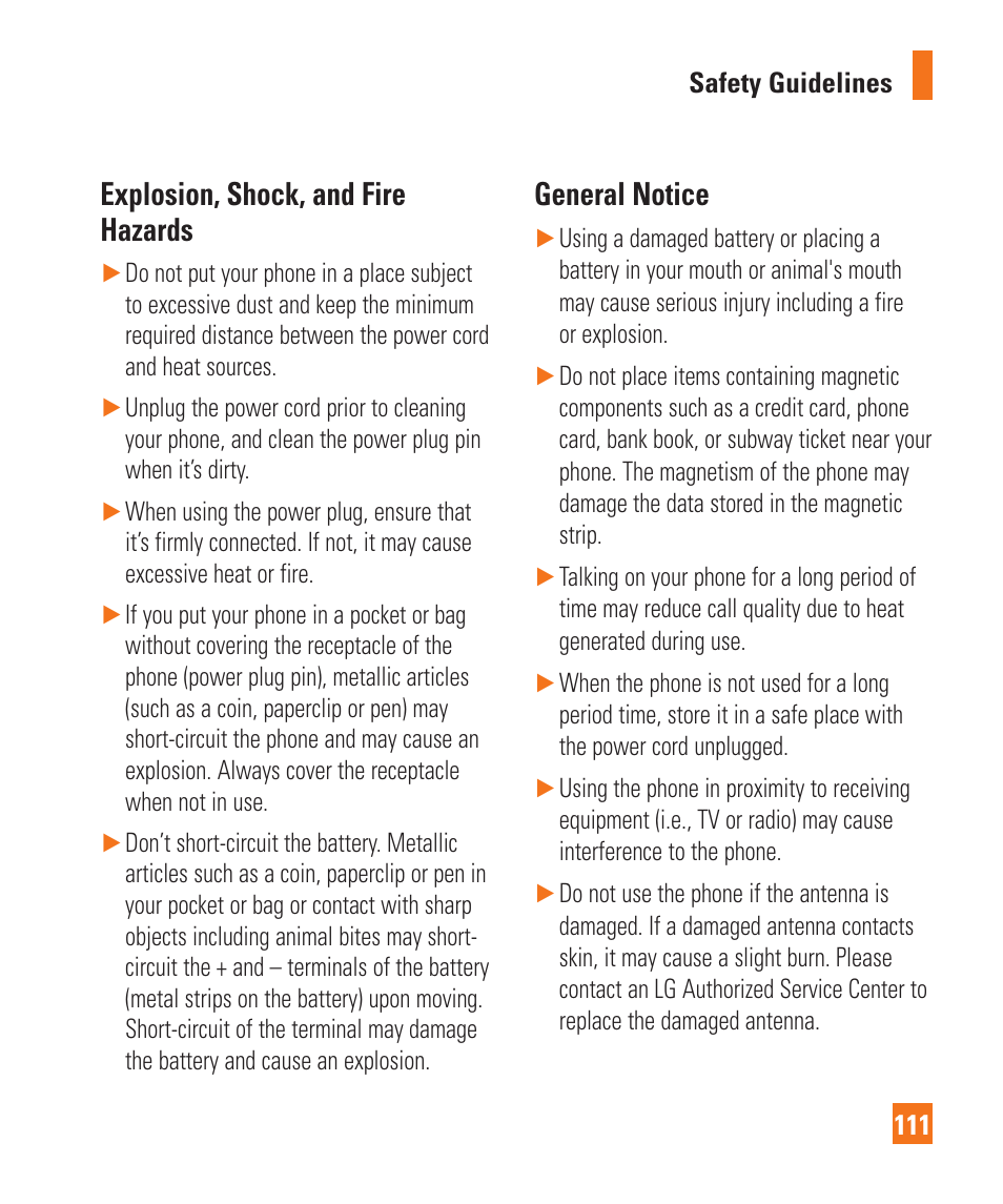 Explosion, shock, and fire hazards, General notice | LG C410 User Manual | Page 111 / 124